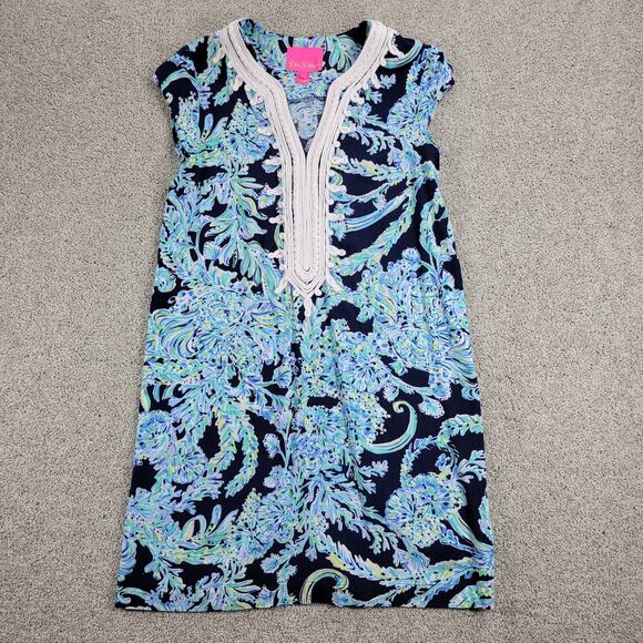 Lilly Pulitzer Womens Madia Tunic Dress Small Blue Floral V-Neck Cap Sleeve - Picture 1 of 16